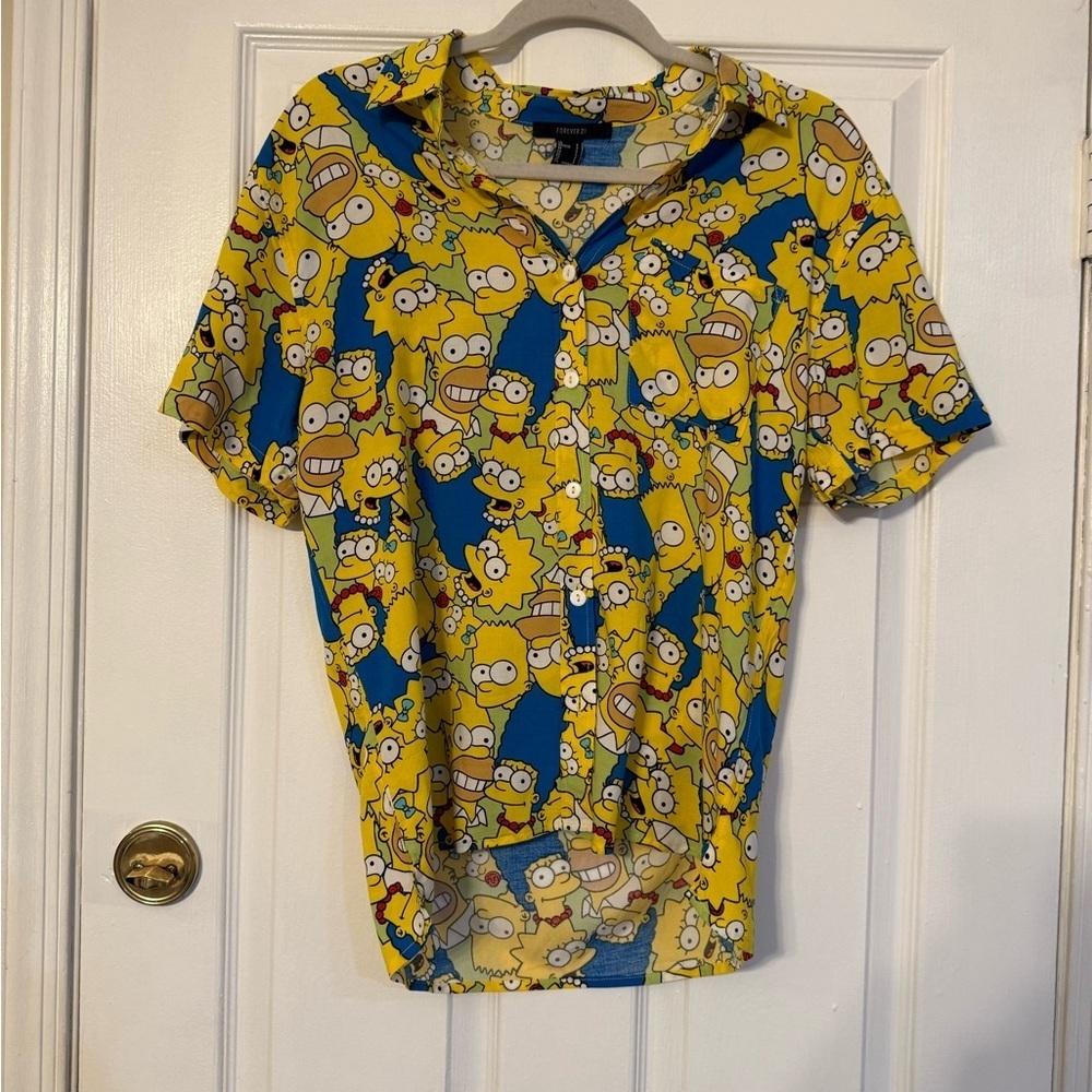 Forever 21 Yellow and Blue Cartoon Print Womens Shirt